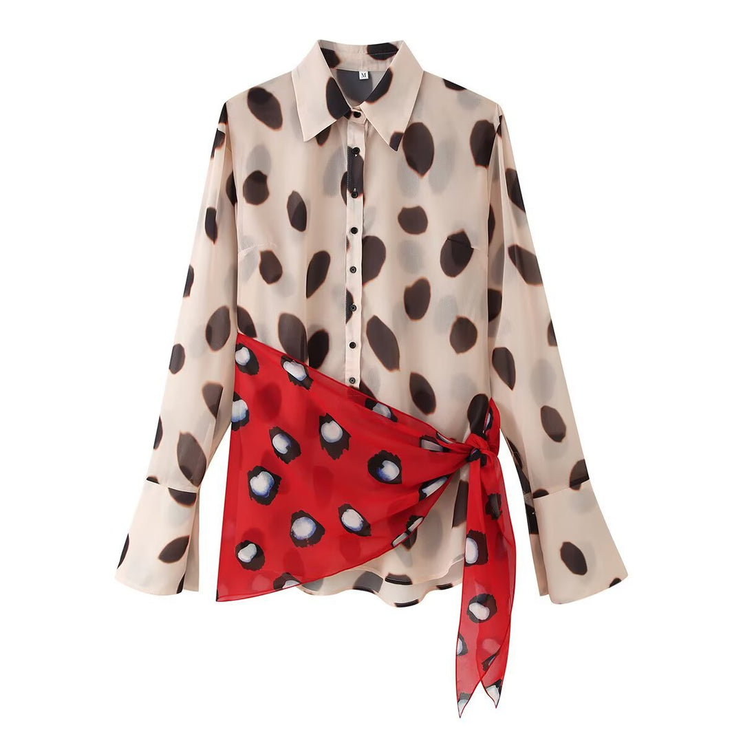 Women Semi-transparent Chiffon Blouse with Knot Scarf and Large Dot Print Mune Fashion