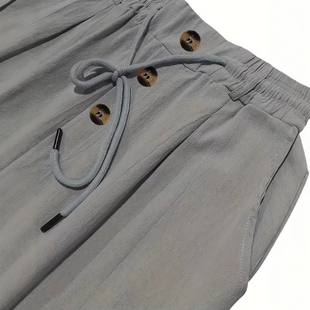 Men's Comfortable Beach Pants with Drawstring and Wooden Buttons Mune Fashion