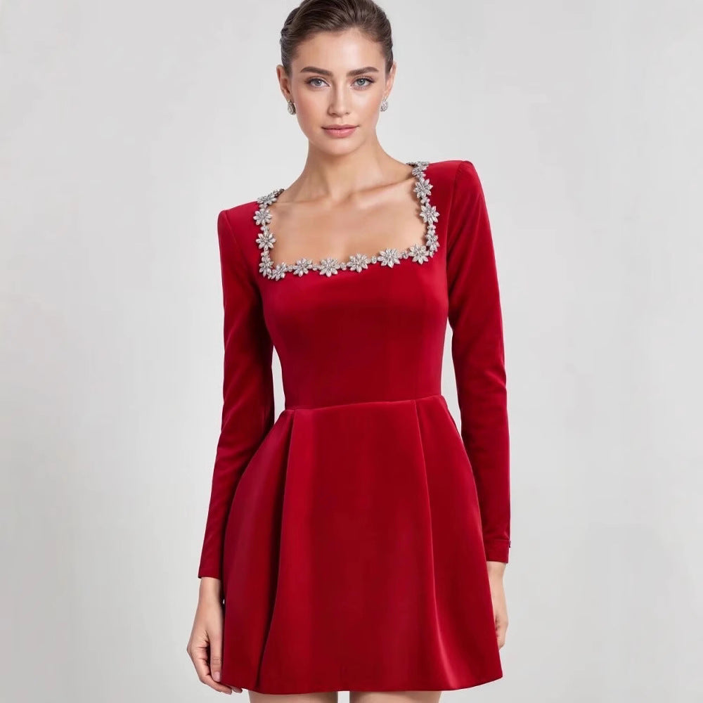Women’s velvet dress with tailored corset, square neckline, and floral trim Mune Fashion