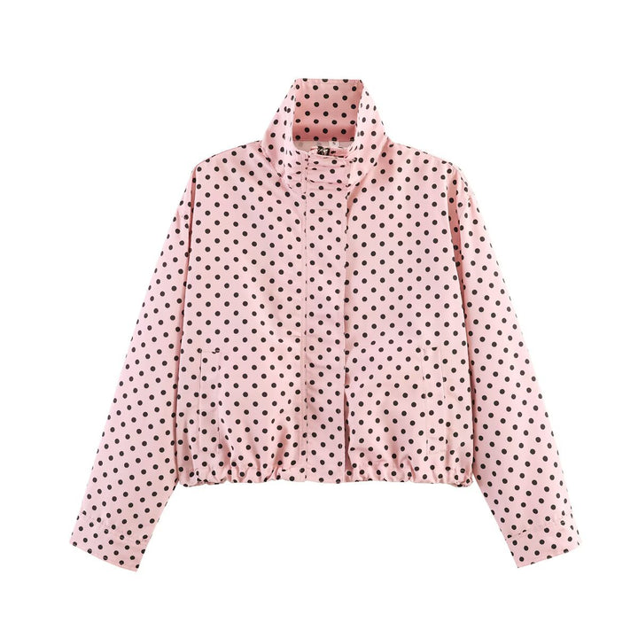 Women's Dotted Short Jacket with Stand-up Collar, Concealed Front Placket and Drawstring Mune Fashion