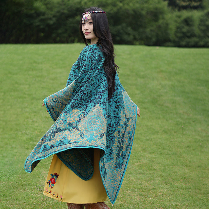 Women's Ornamental Jacquard Cape Poncho with Open Fall and Decorative Overlock Stitch Mune Fashion