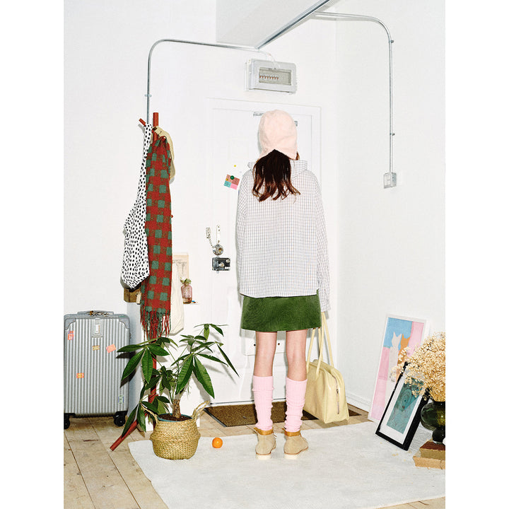 Women's Hooded Checkered Blouse with Attached Striped Scarf Mune Fashion