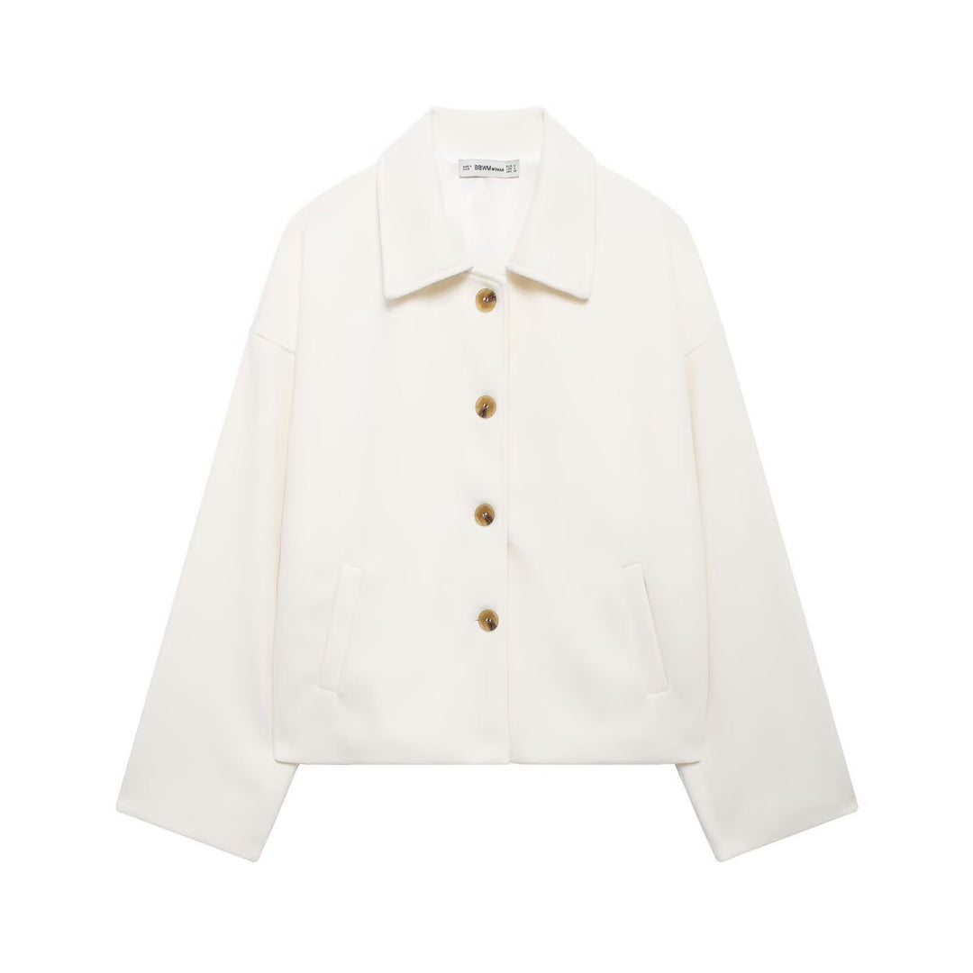 Women's short casual wool jacket with shirt collar, full button placket, and inset side pockets Mune Fashion