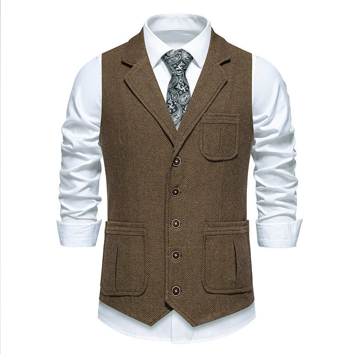 Men's Tweed Vest with Herringbone Pattern, Lapel Collar and Patch Pockets Mune Fashion