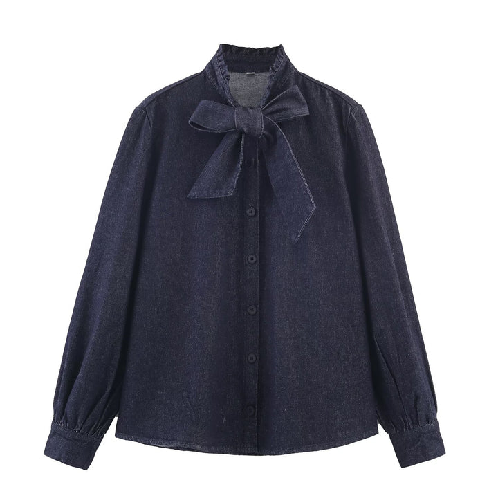 Women's Shimmering Blouse with Bow Collar and Button Placket Mune Fashion