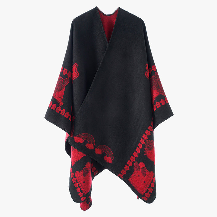 Women's Oversize Poncho with Jacquard Animal Pattern and Asymmetrical Pointed Hem Mune Fashion