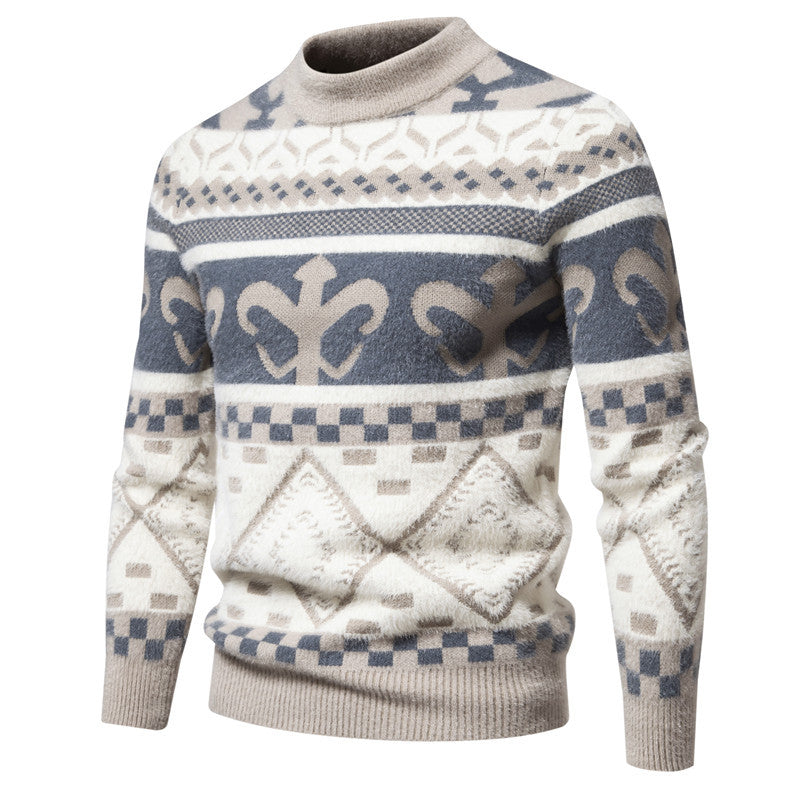 Men's fine-knit mock neck sweater with jacquard pattern and ribbed cuffs Mune Fashion