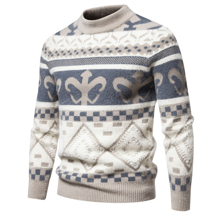 Men's fine-knit mock neck sweater with jacquard pattern and ribbed cuffs Mune Fashion