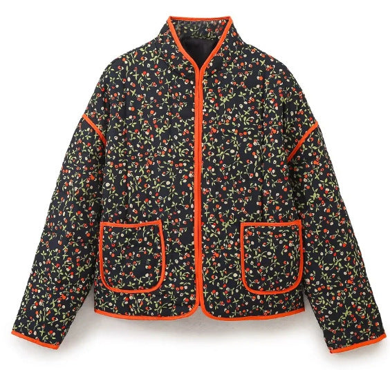 Women's nan quilted stand-up collar jacket with floral vertical print, patch pockets, and contrasting piping Mune Fashion
