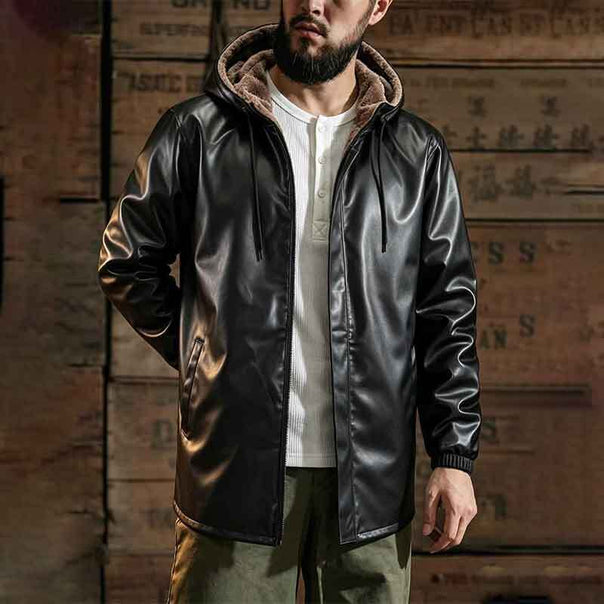 Men's Fashion Faux Leather Jacket with Hood and Fleece Lining Mune Fashion
