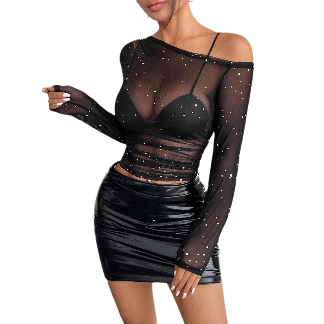 Women's nan asymmetrical mesh crop top with integrated bustier, ruching and rhinestone embellishment Mune Fashion