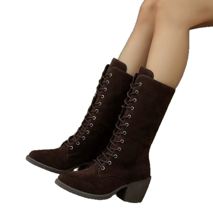 Women Elegant Lace-Up Boots in Suede Look with Mid-High Shaft and Comfortable Block Heel Mune Fashion