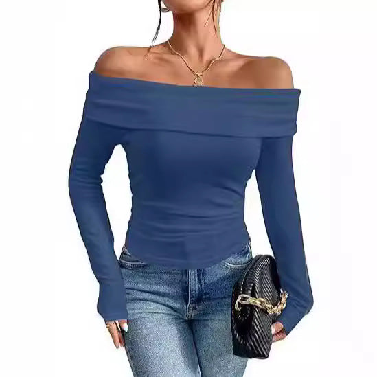 Women's Figure-hugging Off-shoulder Long Sleeve Fine Knit Shirt with Bardot Neckline