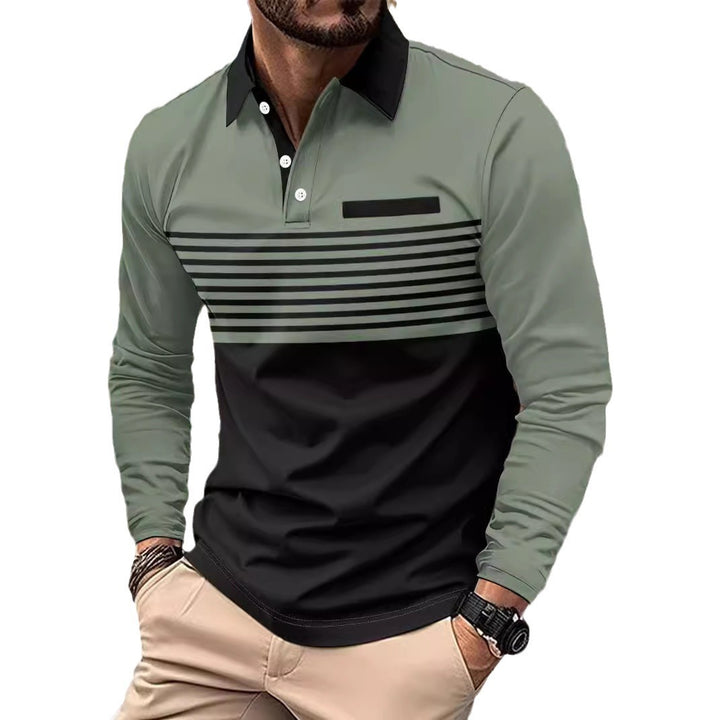 Men's long-sleeved polo shirt with contrasting shirt collar, subtle chest piping and fine stripe relief Mune Fashion