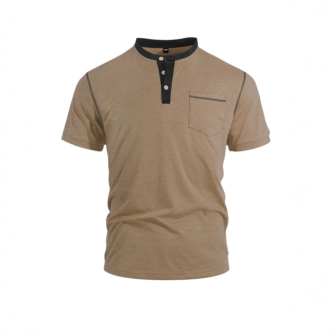 Men's short-sleeve band collar shirt with button placket, chest pocket, and flatlock seams Mune Fashion