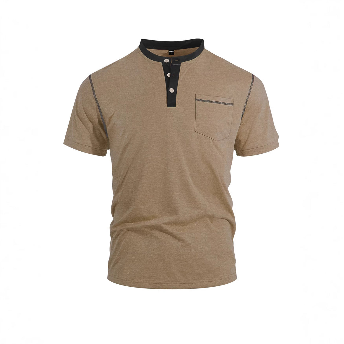 Men's short-sleeve band collar shirt with button placket, chest pocket, and flatlock seams Mune Fashion