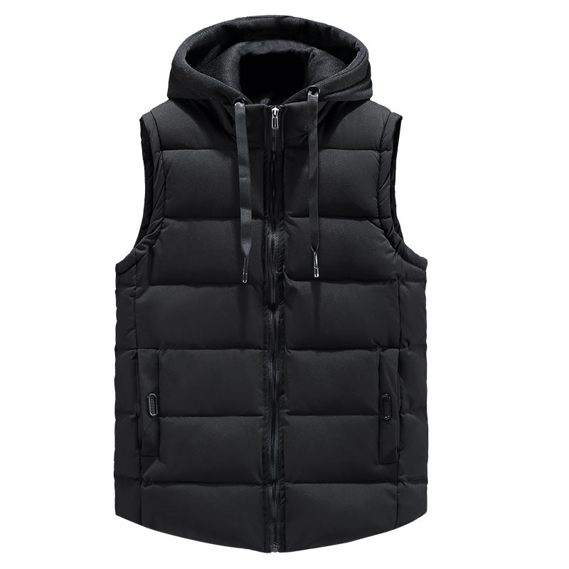 Men's Padded Hooded Vest with Stand-up Collar, Full-length Zipper and Drawstring Mune Fashion