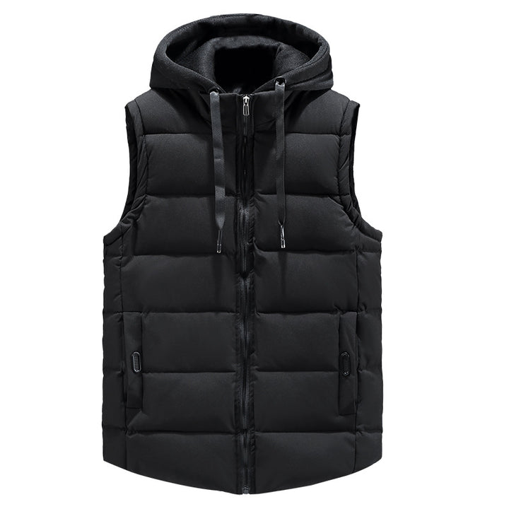 Men's Padded Hooded Vest with Stand-up Collar, Full-length Zipper and Drawstring Mune Fashion