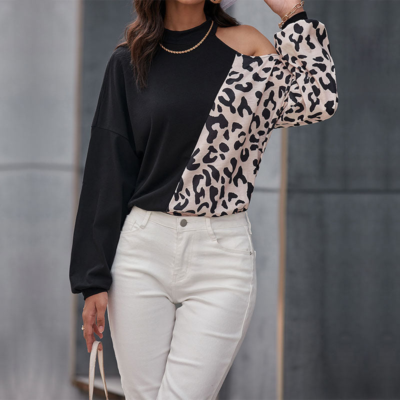 Women Off-Shoulder Sweatshirt with Leopard Panel and Stand Collar Mune Fashion
