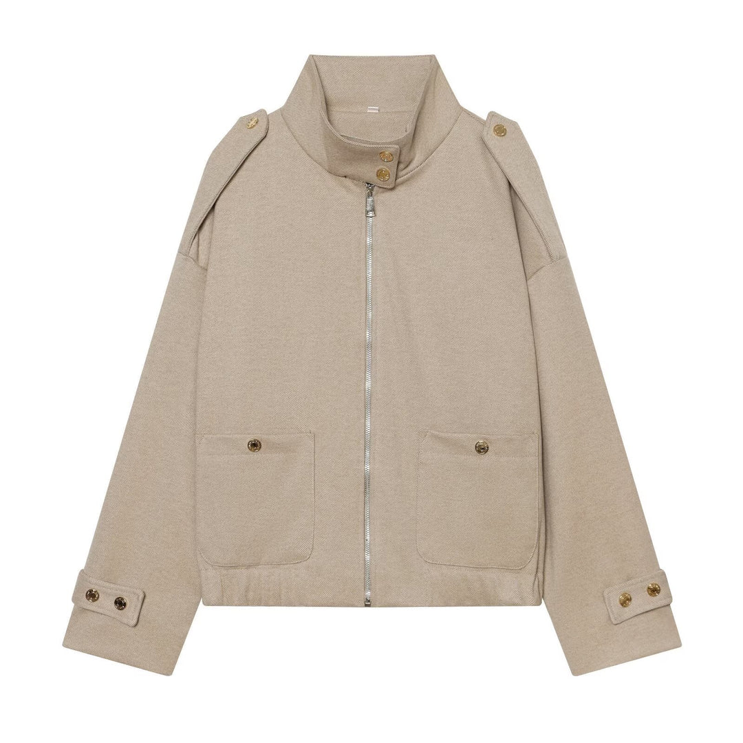 Women Cropped Utility Jacket with high collar, shoulder epaulettes and flap pockets