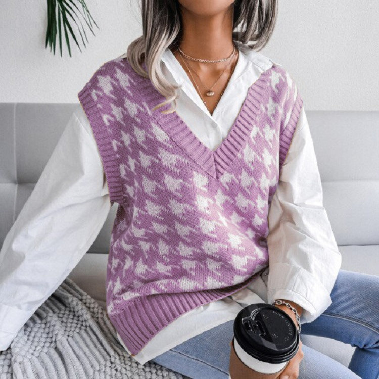 Women Oversized Knit Vest with Houndstooth Pattern and V-Neck Mune Fashion