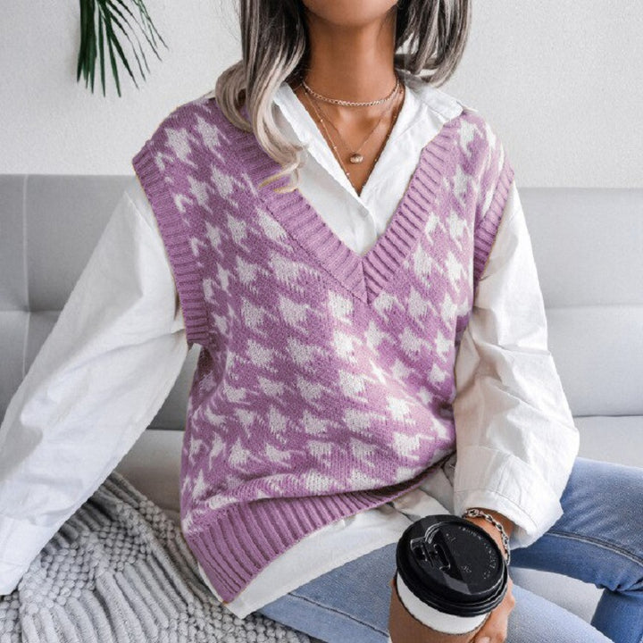 Women Oversized Knit Vest with Houndstooth Pattern and V-Neck Mune Fashion