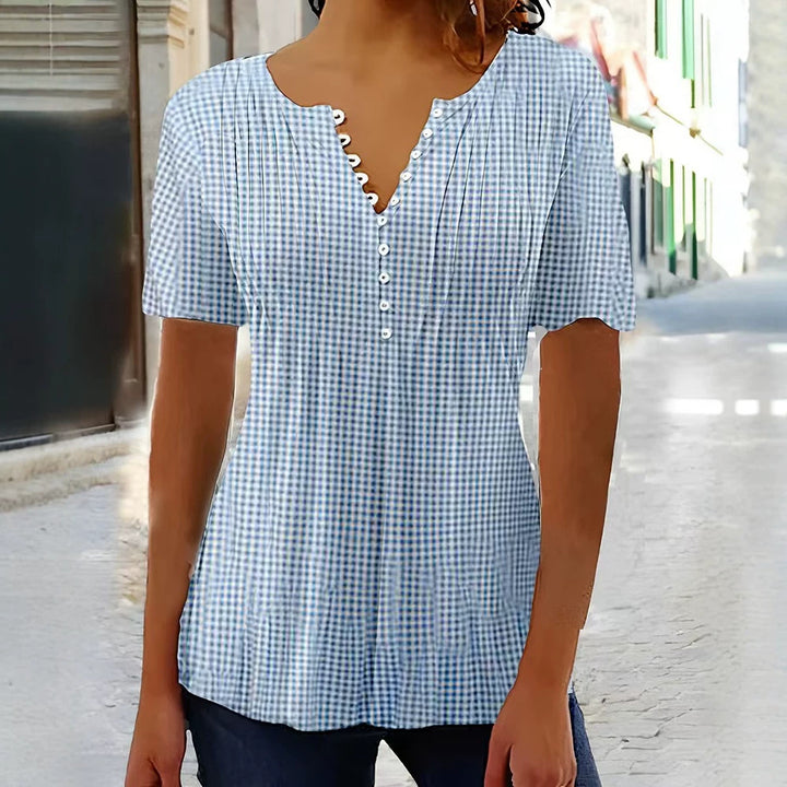 Ladies' lightweight checked blouse with V-neck, decorative button placket and tiered ruffle Mune Fashion