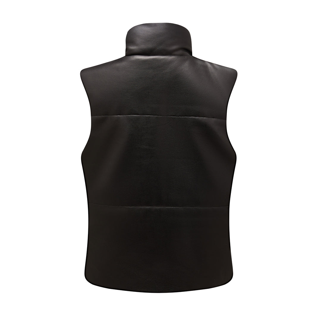 Women's quilted faux leather vest with high standing collar and concealed snap button placket Mune Fashion