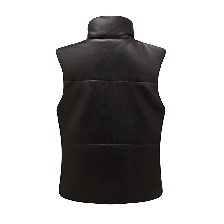 Women's quilted faux leather vest with high standing collar and concealed snap button placket Mune Fashion