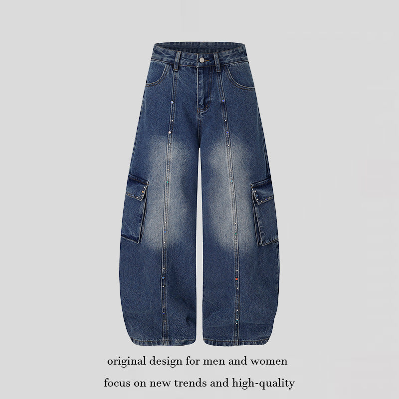 Women's Extra Wide Cargo Palazzo Jeans with High Waist, Patch Pockets, and Rhinestone Trim Mune Fashion