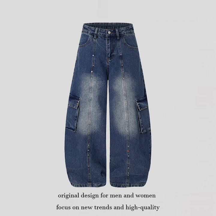 Women's Extra Wide Cargo Palazzo Jeans with High Waist, Patch Pockets, and Rhinestone Trim Mune Fashion