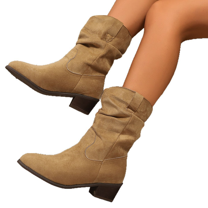 Ladies Velvet Leather Slouch Cowboy Boots with Low Block Heel Mune Fashion