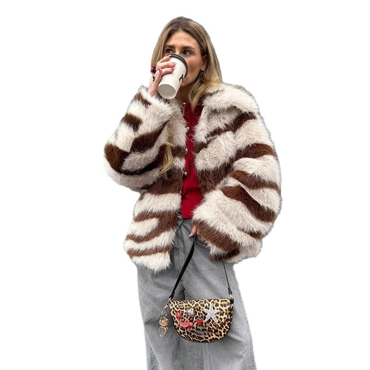 Women Striped Oversize Faux Fur Coat with Short Boxy Cut Mune Fashion