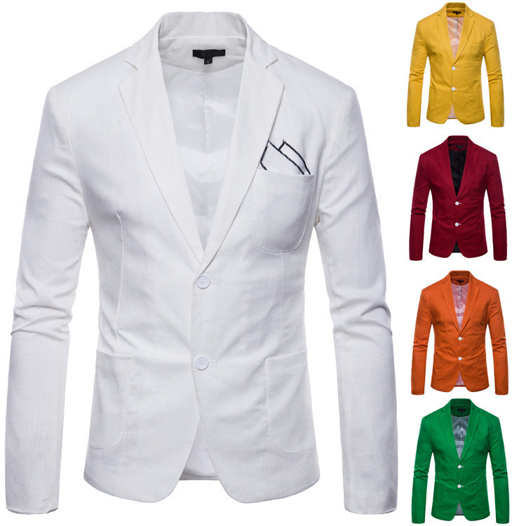 Men's elegant tailored linen blazer with notched collar, contrast buttons, and pocket square detail Mune Fashion