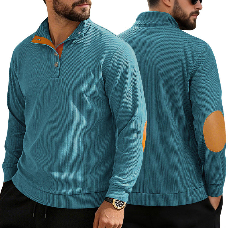 Men's casual structured sweater with polo collar, short button placket and vegan leather trims Mune Fashion