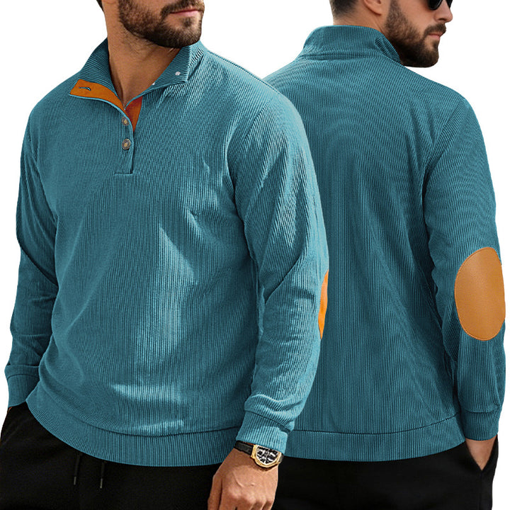 Men's casual structured sweater with polo collar, short button placket and vegan leather trims Mune Fashion