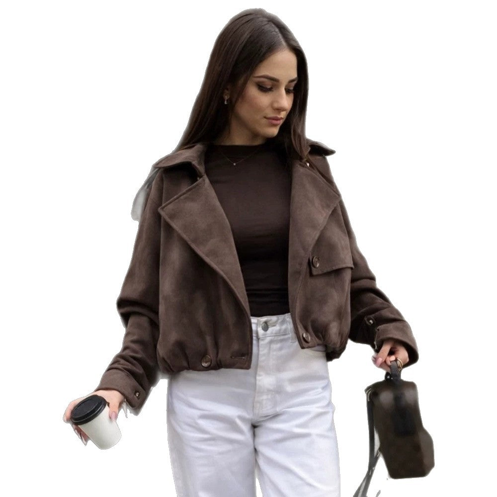 Women's Short Suede Leather Bomber Jacket with Voluminous Lapels, Epaulettes, and Fitted Elastic Hem Mune Fashion