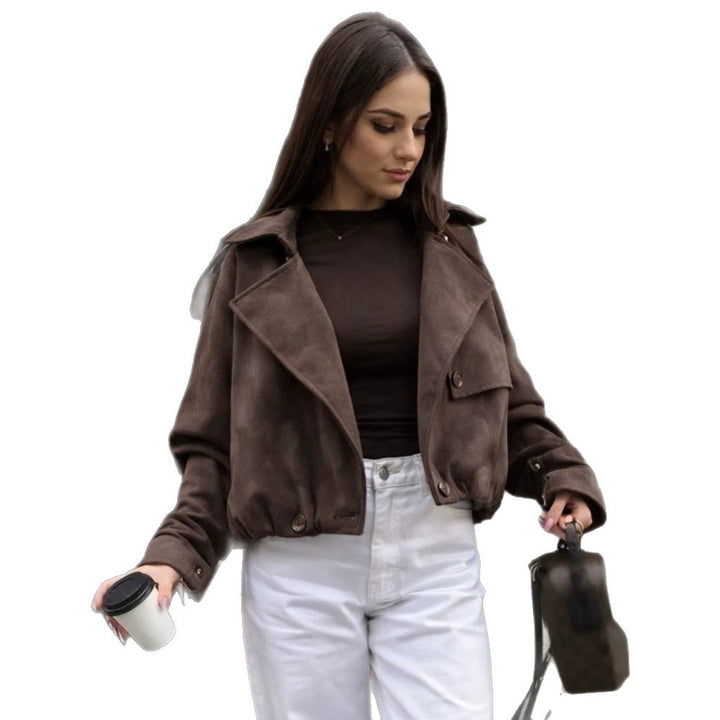 Women's Short Suede Leather Bomber Jacket with Voluminous Lapels, Epaulettes, and Fitted Elastic Hem Mune Fashion