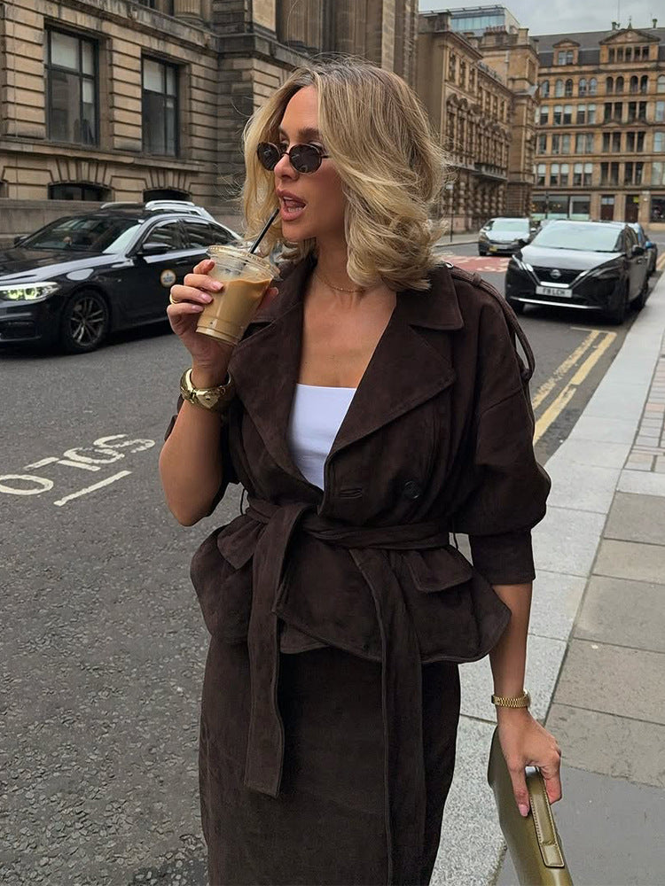 Women Velvet-Suede Trench Coat with Waist Belt and Peplum Silhouette Mune Fashion