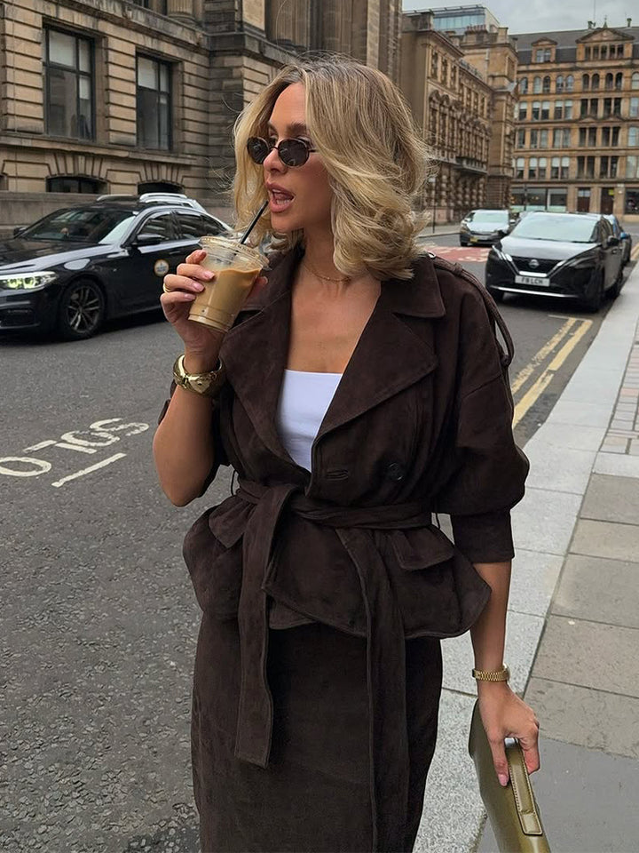 Women Velvet-Suede Trench Coat with Waist Belt and Peplum Silhouette Mune Fashion