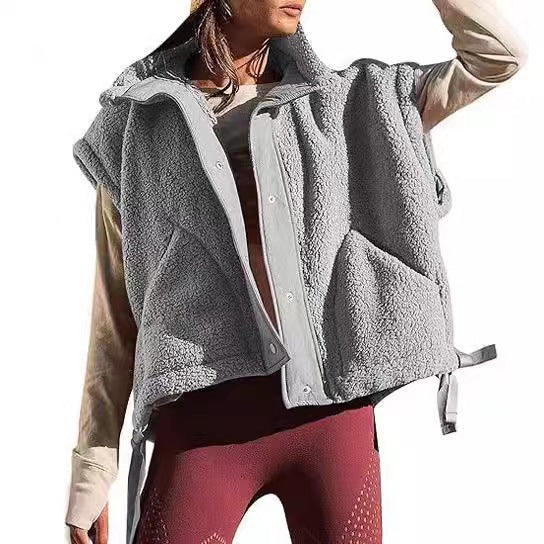 Women's Oversized Teddy Fleece Vest with Hood and Snap Buttons Mune Fashion