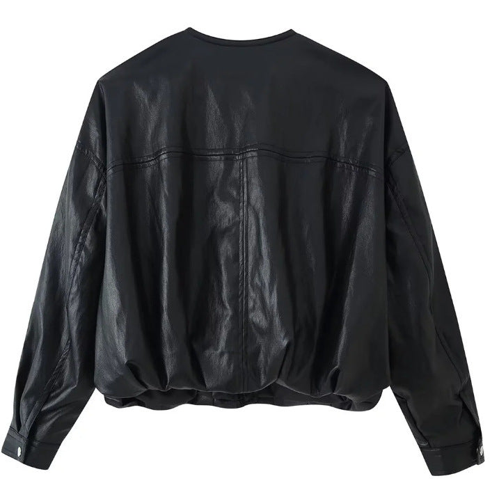 Women's Oversize Cropped Faux Leather Bomber Jacket with Round Neck and Elastic Hem Mune Fashion
