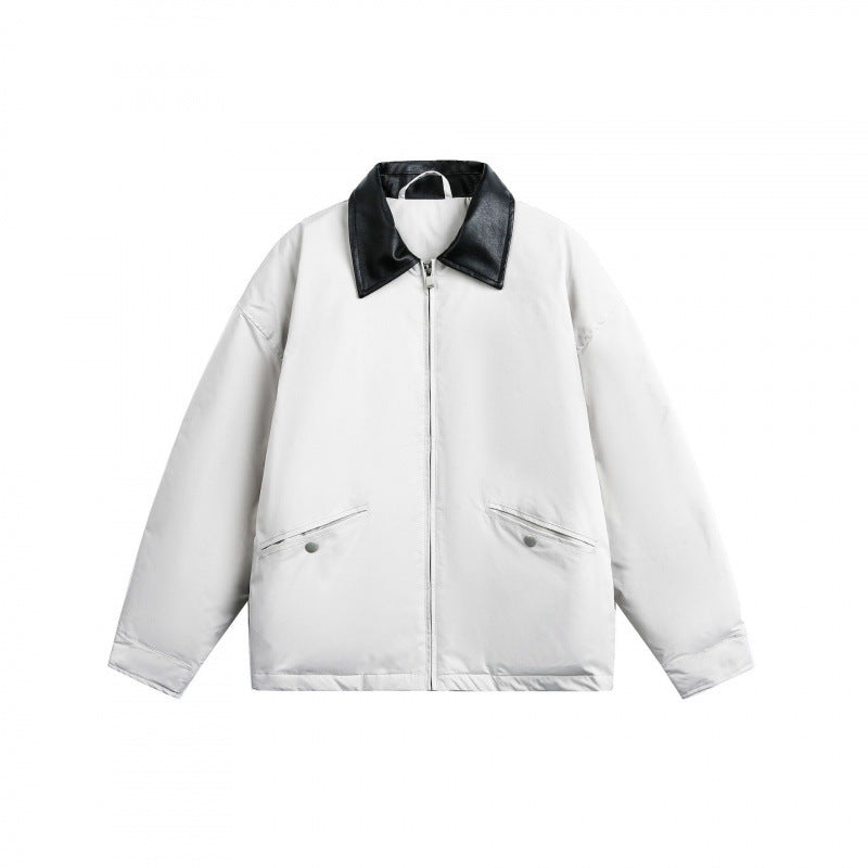 Unisex Boxy transitional jacket with contrasting faux leather collar and concealed zipper Mune Fashion