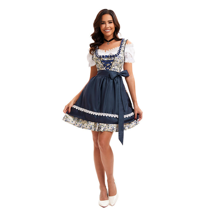 Women’s floral dirndl mini dress with gathered apron, decorative laced corsage and lace sleeves Mune Fashion