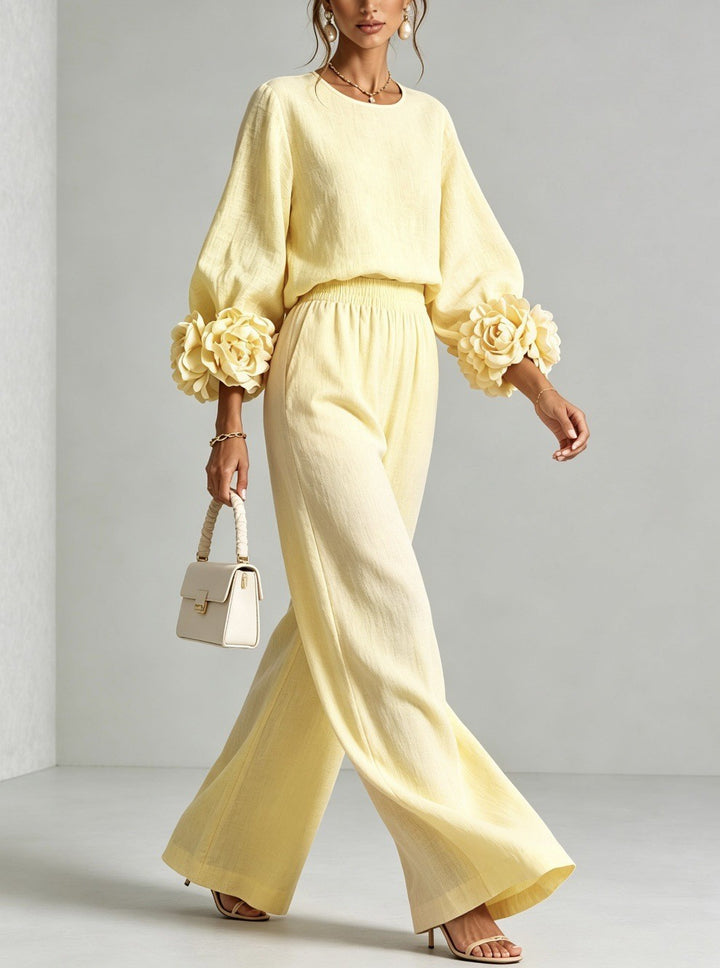 Women's Two-Piece Linen Blend Set with Wide Leg, Elastic Waistband and Floral Sleeves Mune Fashion