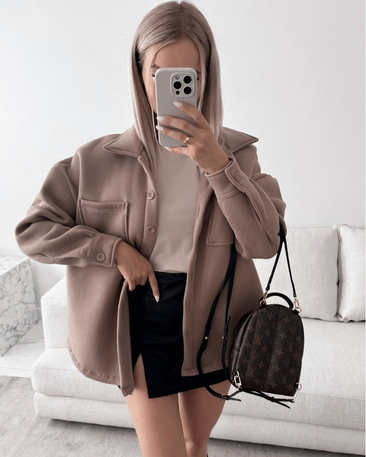 Women Oversized Shirt Jacket Shacket made of soft wool blend with patch chest pockets Mune Fashion