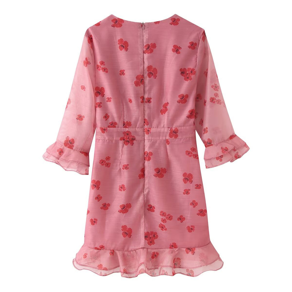 Women's Chiffon Mini Dress with Pleated Neckline, Transparent Ruffle Sleeves, and Flared Hem Mune Fashion