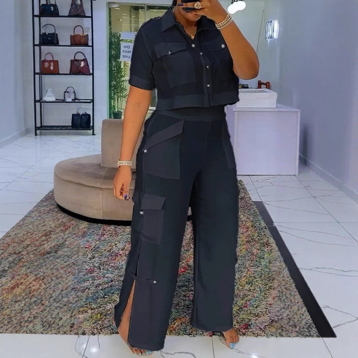 Women's two-piece shirt and cargo pants set with short oversized shirt, high waist, wide leg, and side leg slits Mune Fashion