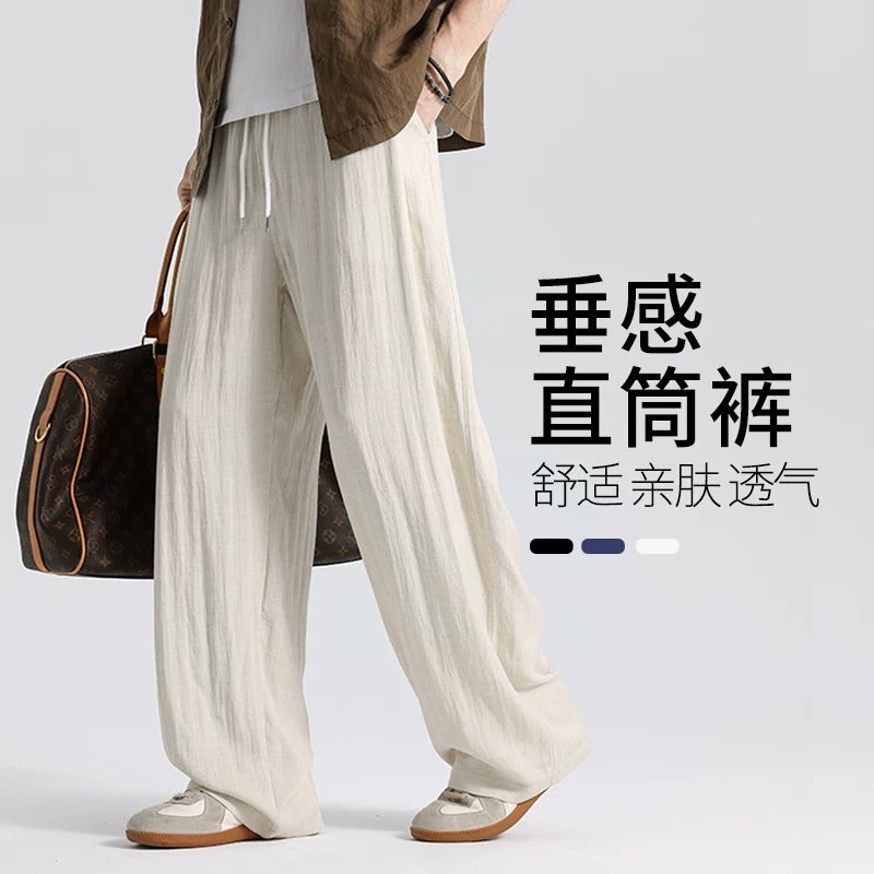 Men's wide linen pants in oversized style with drawstring and side pockets Mune Fashion
