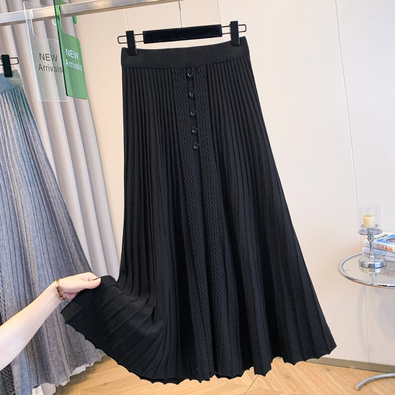 Women's Pleated Maxi Skirt with Button Details and Fine Wave Pattern Mune Fashion